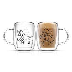 Disney Mickey&Pluto Clear Double-Wall Glass Mug Set with Black Line Art - 2 Pack